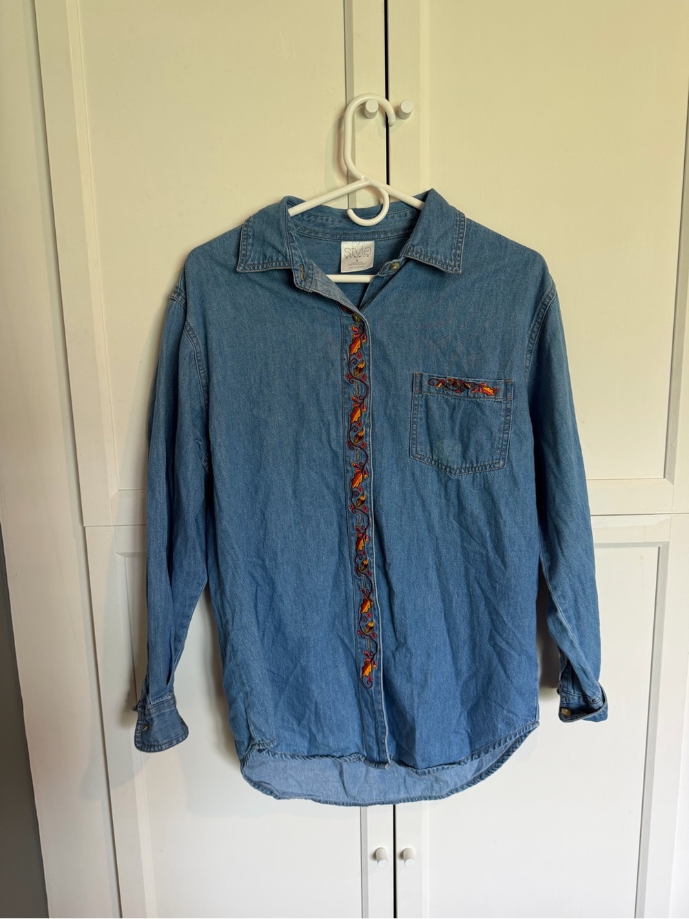 Blue Denim Long-Sleeve Shirt with Embroidered Trim